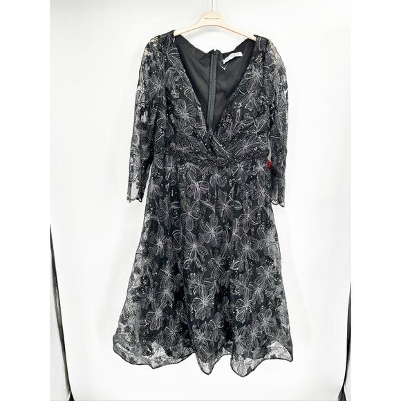 Mac Duggal 67541 Black Long Sleeve Illusion Sequin Embroidered Midi Dress 14W - Picture 3 of 6